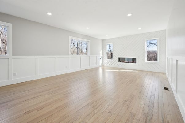 Empty room, Fireplace, Interior, Recessed Lighting, Wood Texture Flooring