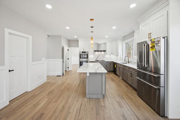 Interior, Kitchen, Pendant Lights, Recessed Lighting, Stainless Steel Appliances, Wood Texture Flooring