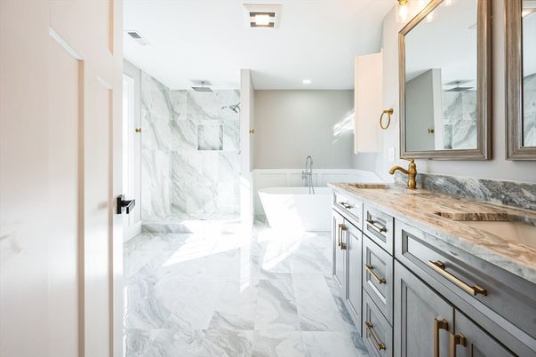 Bathroom, Dual Sink Vanities, Free Standing Baths, Interior, Marble, Marble Walls, Recessed Lighting