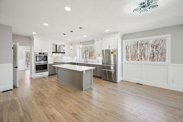 Interior, Kitchen, Pendant Lights, Recessed Lighting, Stainless Steel Appliances, Wood Texture Flooring