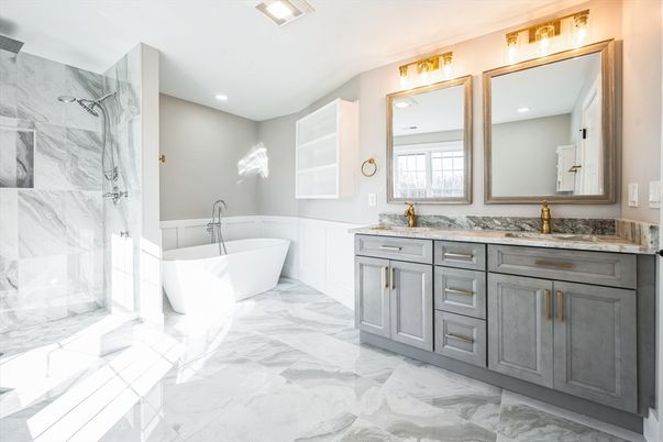 Bathroom, Dual Sink Vanities, Free Standing Baths, Interior, Marble, Marble Walls, Recessed Lighting