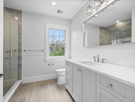 Bathroom, Glass Shower, Interior, Recessed Lighting, Wood Texture Flooring