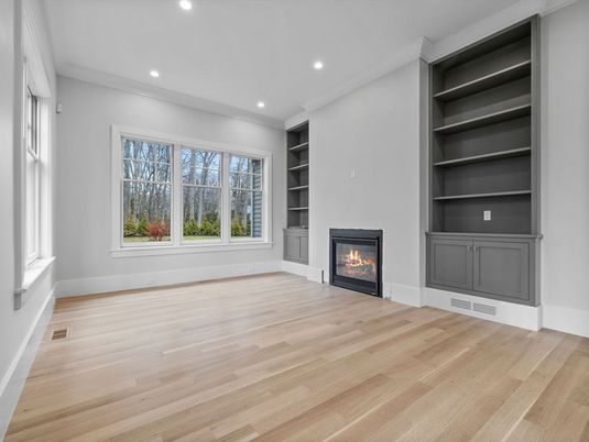 Empty room, Fireplace, Interior, Recessed Lighting, Wood Texture Flooring