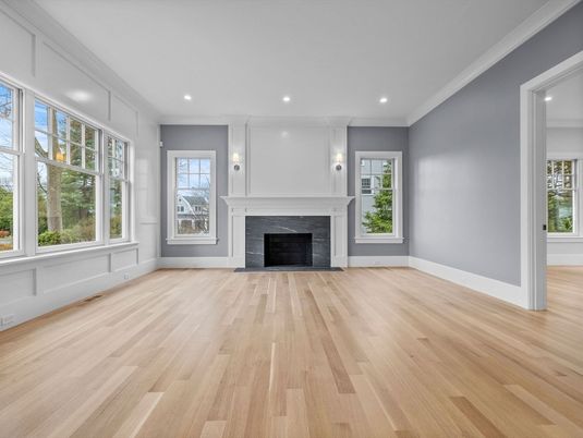 Empty room, Fireplace, Interior, Recessed Lighting, Wood Texture Flooring