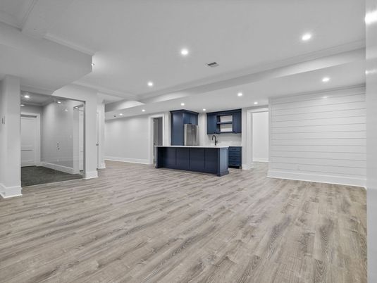 Empty room, Interior, Kitchen, Recessed Lighting, Wood Texture Flooring