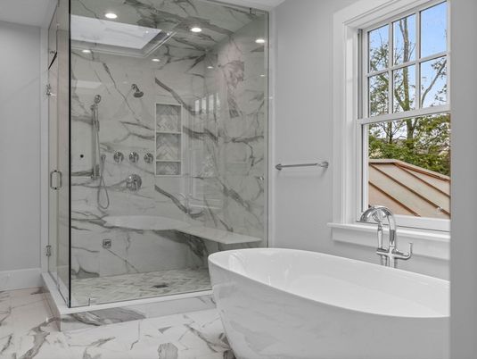 Bathroom, Free Standing Baths, Glass Shower, Interior, Marble, Marble Walls, Recessed Lighting