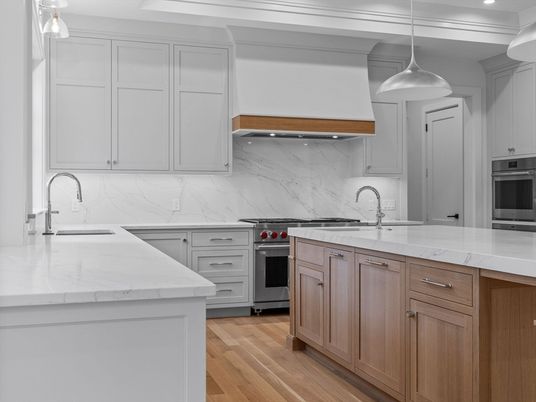 Interior, Kitchen, Marble Walls, Pendant Lights, Recessed Lighting, Stainless Steel Appliances, Wood Texture Flooring