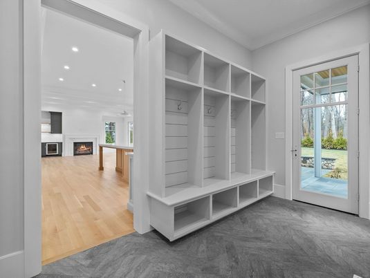 Fireplace, Interior, Pendant Lights, Recessed Lighting, Wood Texture Flooring