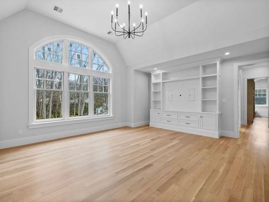 Chandelier, Empty room, Interior, Recessed Lighting, Wood Texture Flooring