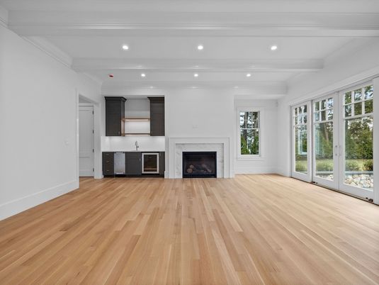 Empty room, Fireplace, Interior, Recessed Lighting, Wood Texture Flooring