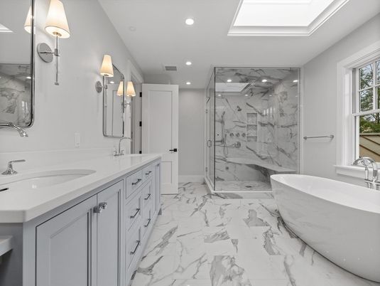 Bathroom, Dual Sink Vanities, Free Standing Baths, Glass Shower, Interior, Marble, Marble Walls, Recessed Lighting