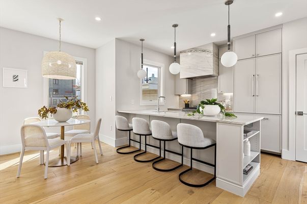 Dining room, Interior, Kitchen, Pendant Lights, Recessed Lighting, Wood Texture Flooring