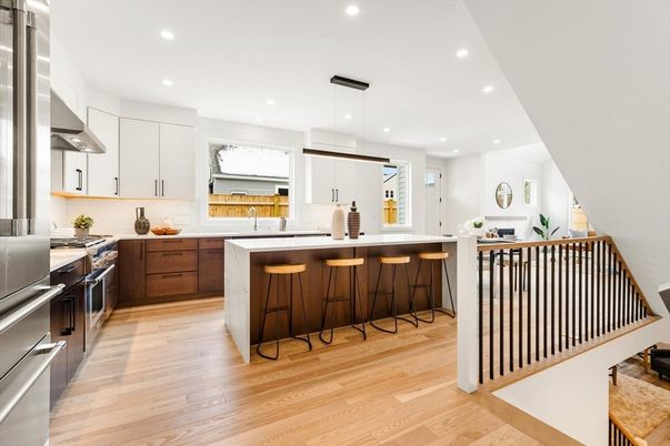 Interior, Kitchen, Pendant Lights, Recessed Lighting, Stainless Steel Appliances, Wood Texture Flooring