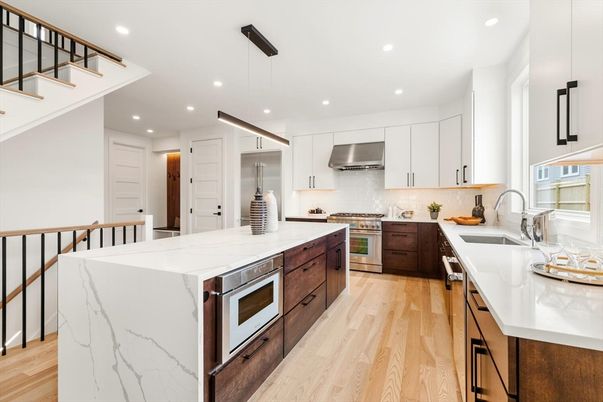 Interior, Kitchen, Pendant Lights, Recessed Lighting, Stainless Steel Appliances, Wood Texture Flooring