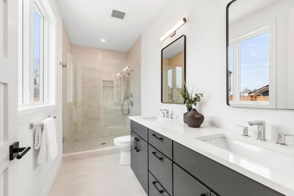 Bathroom, Dual Sink Vanities, Glass Shower, Interior, Recessed Lighting