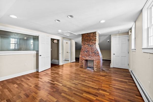 Empty room, Fireplace, Interior, Recessed Lighting, Wood Texture Flooring