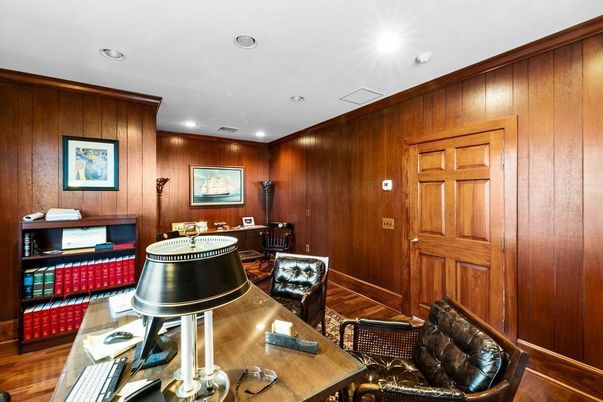 Home Office, Interior, Recessed Lighting, Wood Texture Flooring, Wooden Walls