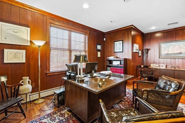 Home Office, Interior, Recessed Lighting, Wood Texture Flooring, Wooden Walls