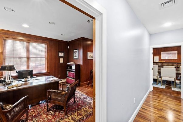 Home Office, Interior, Recessed Lighting, Wood Texture Flooring, Wooden Walls