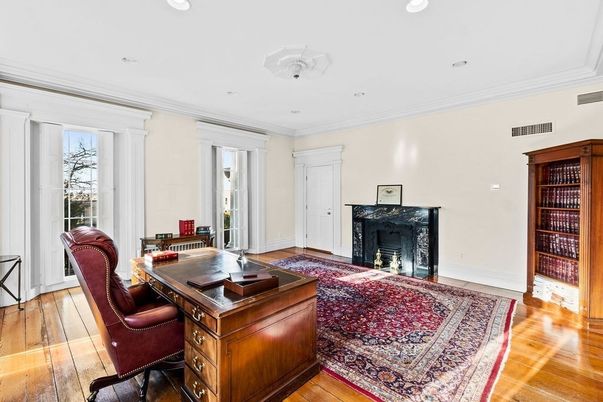 Fireplace, Home Office, Interior, Recessed Lighting, Wood Texture Flooring