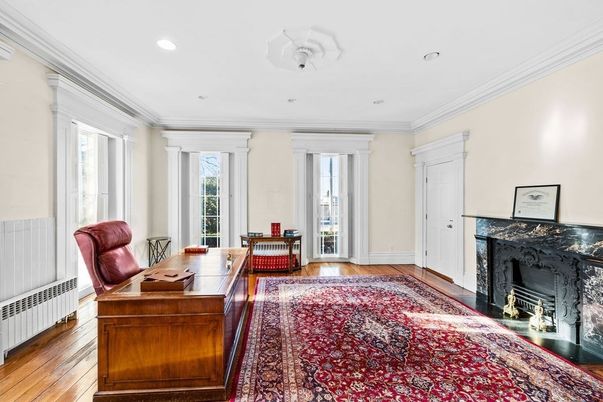 Fireplace, Home Office, Interior, Recessed Lighting, Wood Texture Flooring