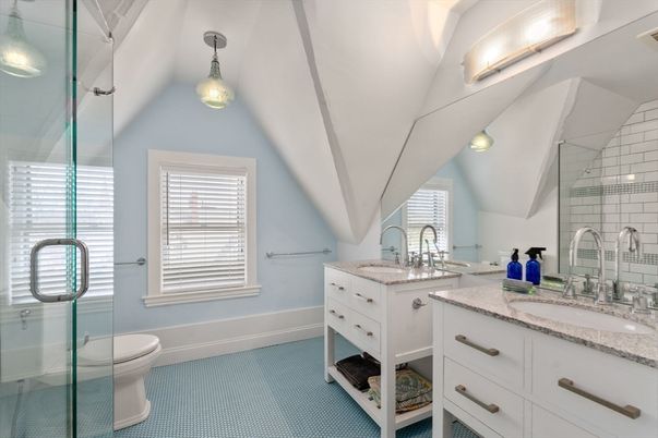 Bathroom, Dual Sink Vanities, Glass Shower, Interior, Pendant Lights