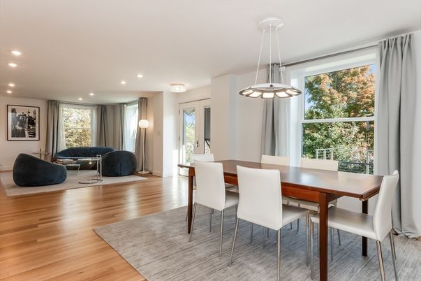 Dining room, Interior, Pendant Lights, Recessed Lighting, Wood Texture Flooring
