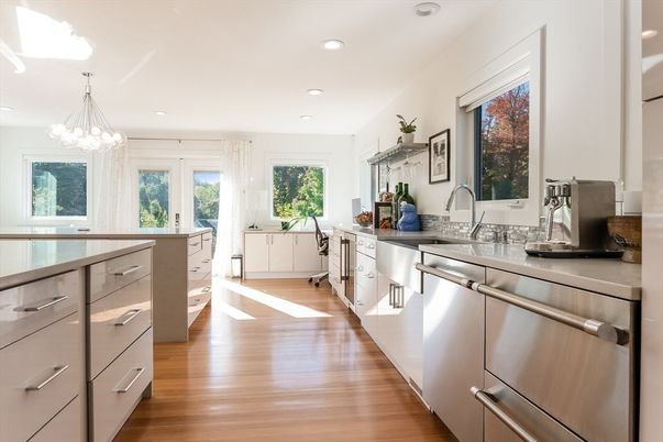 Interior, Kitchen, Pendant Lights, Recessed Lighting, Stainless Steel Appliances, Wood Texture Flooring