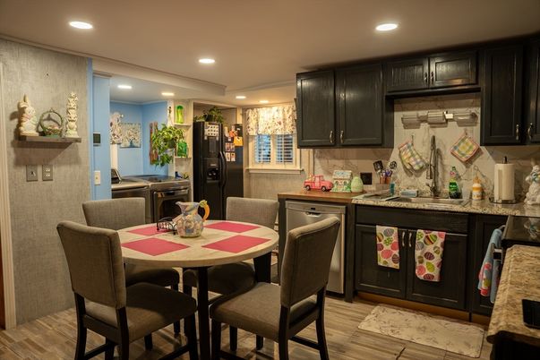 Dining room, Interior, Kitchen, Recessed Lighting, Wood Texture Flooring
