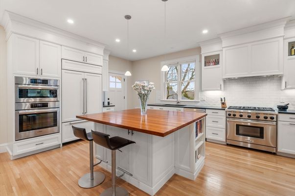 Interior, Kitchen, Pendant Lights, Recessed Lighting, Stainless Steel Appliances, Wood Texture Flooring