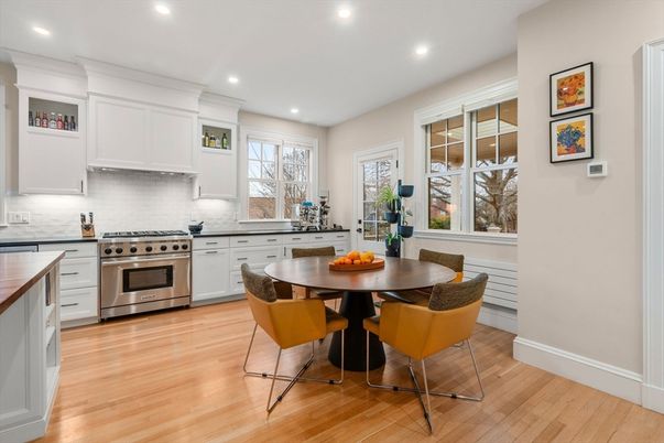 Dining room, Interior, Kitchen, Recessed Lighting, Stainless Steel Appliances, Wood Texture Flooring