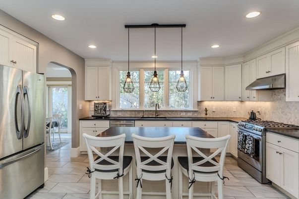 Interior, Kitchen, Marble, Pendant Lights, Recessed Lighting, Stainless Steel Appliances
