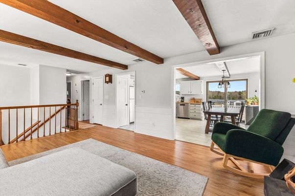 Dining room, Interior, Kitchen, Pendant Lights, Wooden Beams, Wood Texture Flooring