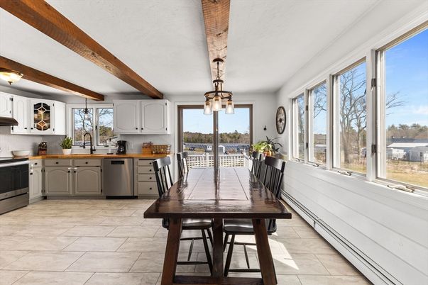 Dining room, Interior, Kitchen, Pendant Lights, Stainless Steel Appliances, Wooden Beams
