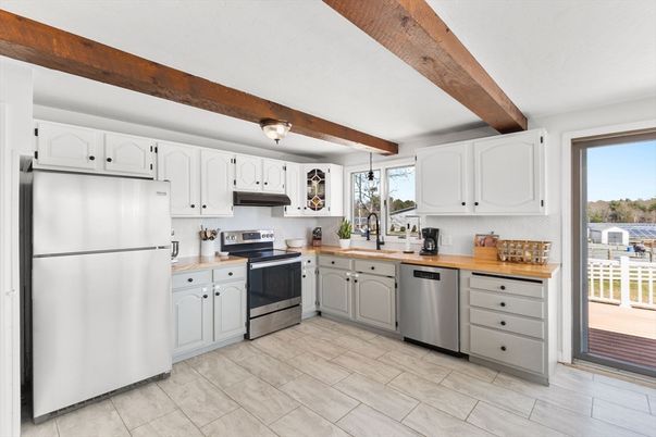 Interior, Kitchen, Stainless Steel Appliances, Wooden Beams, Wood Texture Flooring