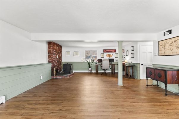 Fireplace, Home Office, Interior, Stone Walls, Wood Texture Flooring