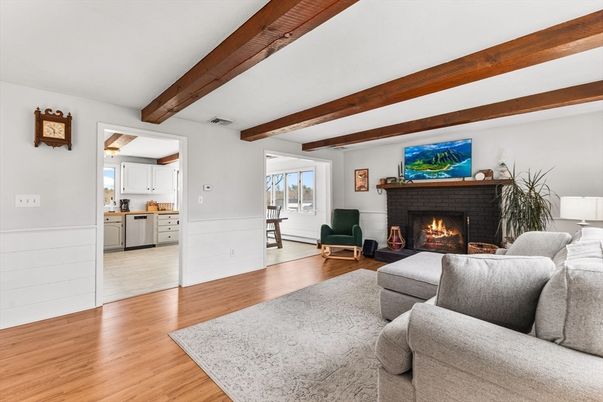Fireplace, Interior, Living room, Wooden Beams, Wood Texture Flooring