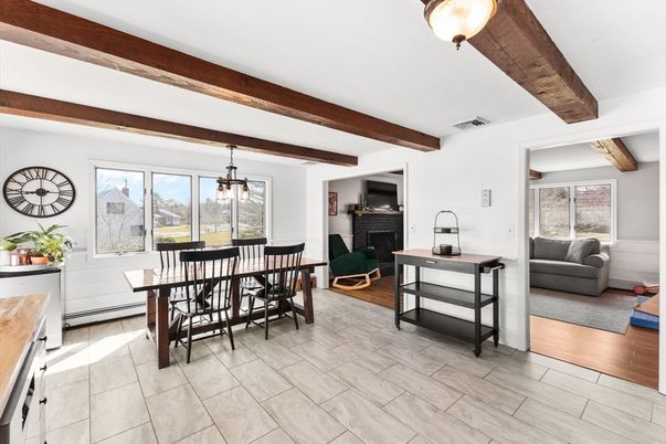 Dining room, Fireplace, Interior, Living room, Pendant Lights, Wooden Beams, Wood Texture Flooring