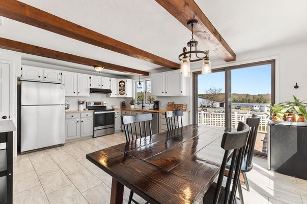 Dining room, Interior, Kitchen, Pendant Lights, Stainless Steel Appliances, Wooden Beams