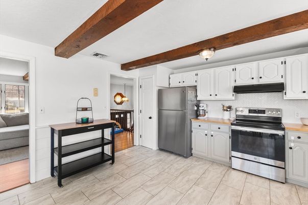 Interior, Kitchen, Pendant Lights, Stainless Steel Appliances, Wooden Beams, Wood Texture Flooring