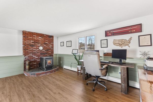 Fireplace, Home Office, Interior, Stone Walls, Wood Texture Flooring