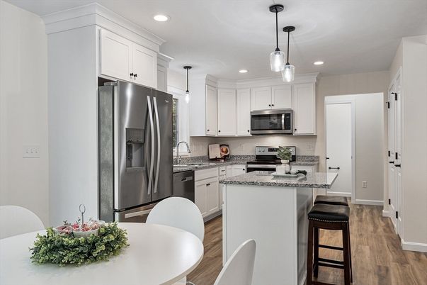 Interior, Kitchen, Pendant Lights, Recessed Lighting, Stainless Steel Appliances, Wood Texture Flooring