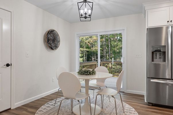 Dining room, Interior, Kitchen, Pendant Lights, Stainless Steel Appliances, Wood Texture Flooring