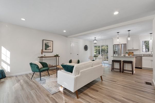 Dining room, Interior, Kitchen, Living room, Pendant Lights, Recessed Lighting, Stainless Steel Appliances, Wood Texture Flooring