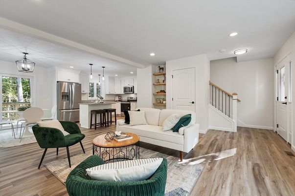 Dining room, Interior, Kitchen, Living room, Pendant Lights, Recessed Lighting, Stainless Steel Appliances, Wood Texture Flooring