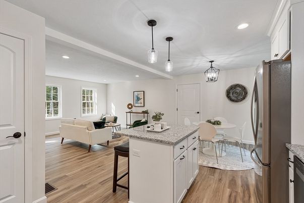 Dining room, Fireplace, Interior, Living room, Pendant Lights, Recessed Lighting, Wood Texture Flooring