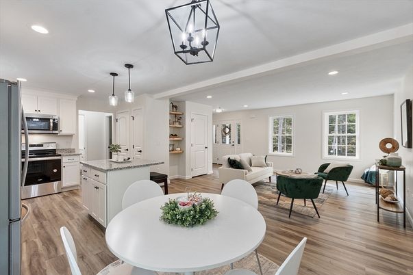 Dining room, Interior, Kitchen, Living room, Pendant Lights, Recessed Lighting, Stainless Steel Appliances, Wood Texture Flooring