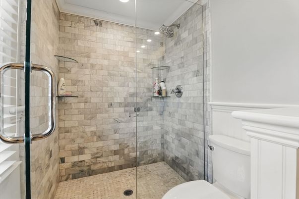 Bathroom, Glass Shower, Interior, Recessed Lighting, Stone Walls