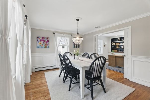 Chandelier, Dining room, Interior, Wood Texture Flooring