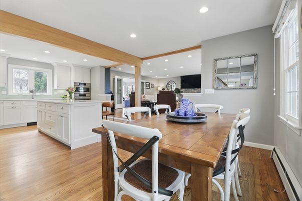Dining room, Interior, Kitchen, Recessed Lighting, Stainless Steel Appliances, Wood Texture Flooring